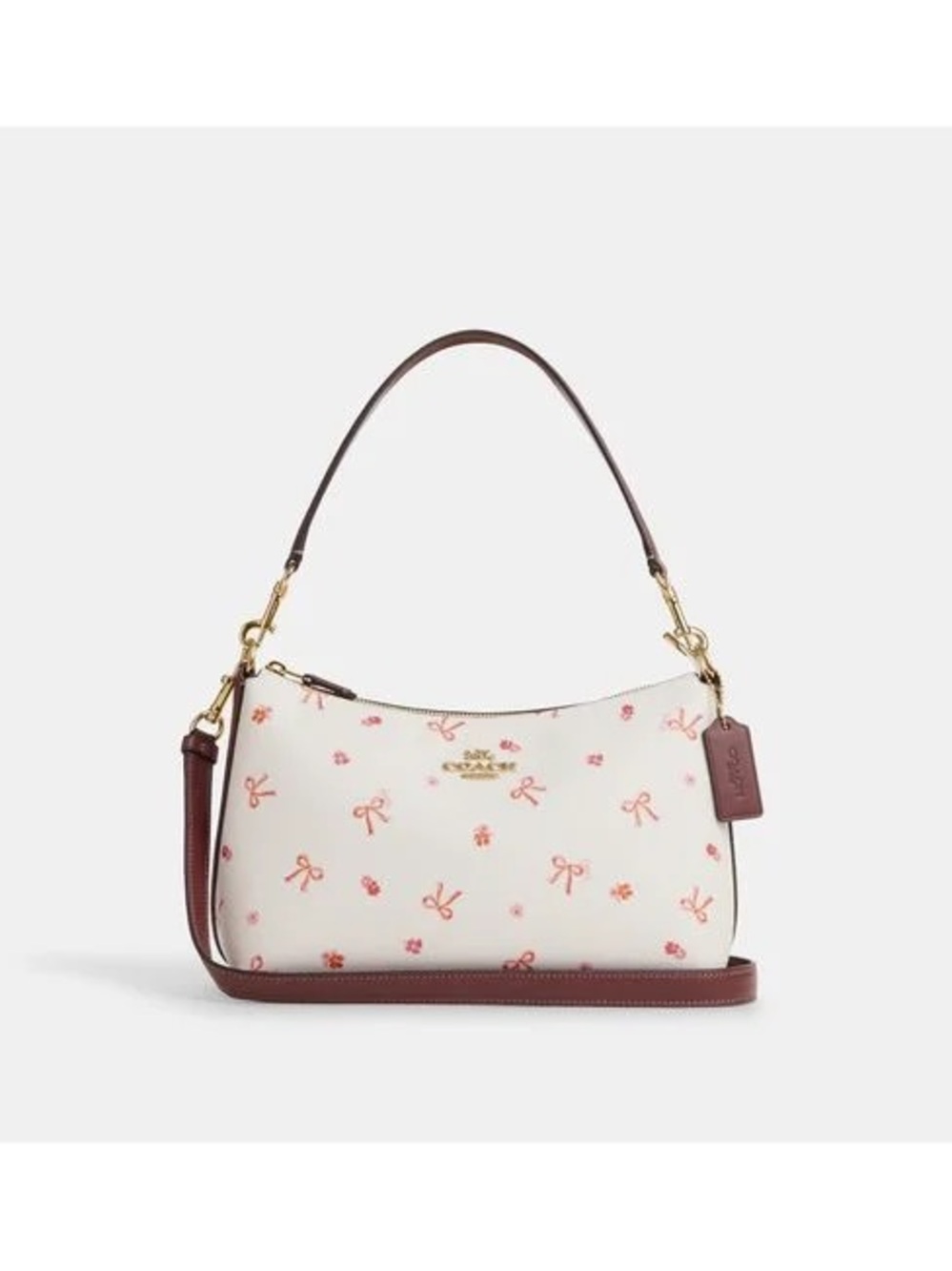 Coach Cream Floral Bow Print Shoulder Bag with Brown Trim
